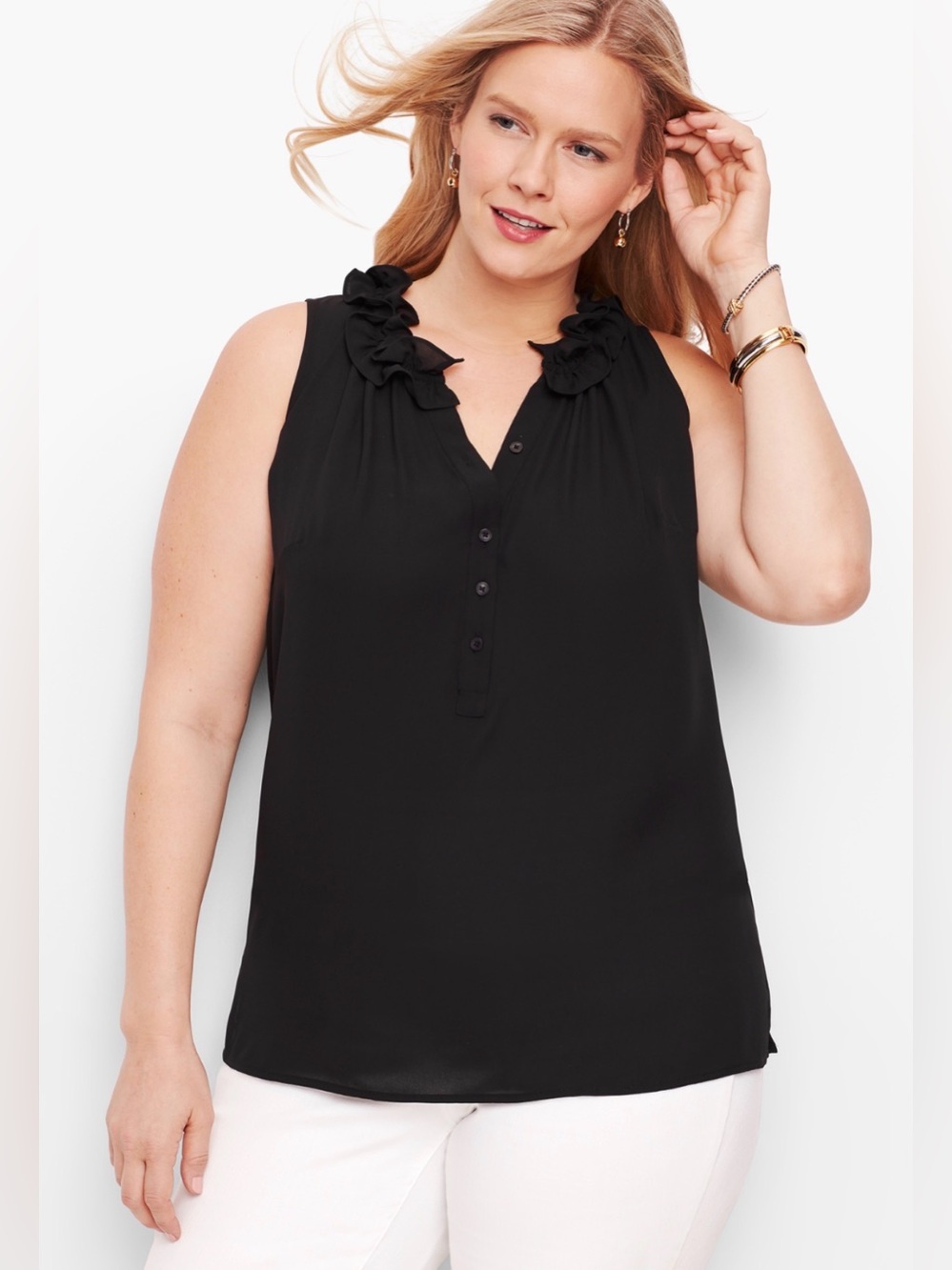 Talbots Black Sleeveless Ruffle Neck Popover Blouse Medium